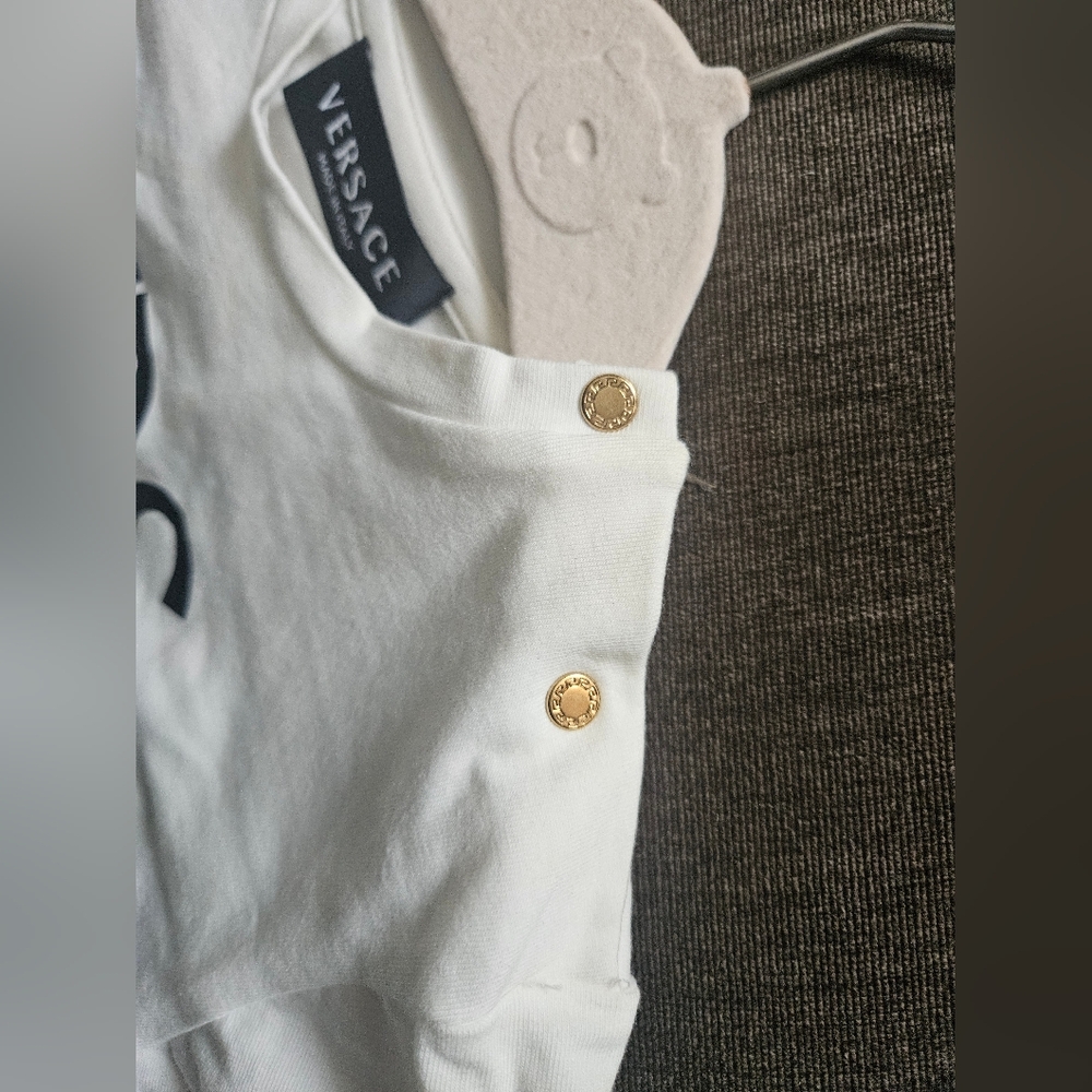 Versace Kids Tee in White with Bold Logo Small Yellowish Stain In Front. - Picture 3 of 13